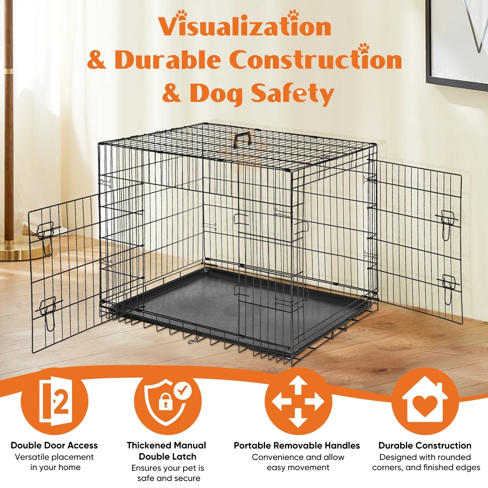 JHK Double Door Folding Dog Crate – Metal Kennel with Tray for Travel & Home